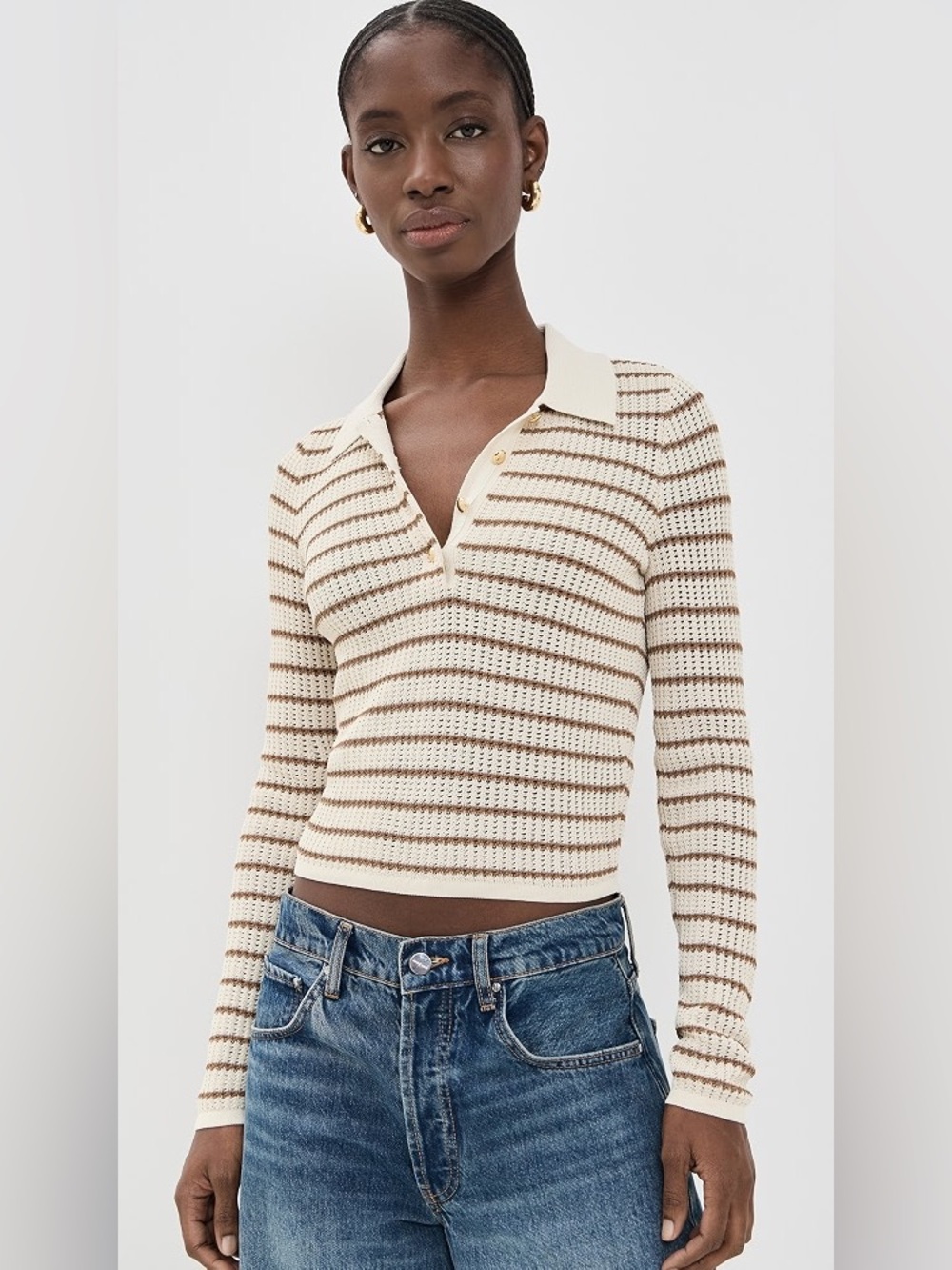 rag & bone Cream and Brown Striped Viola Striped Knit Polo Top